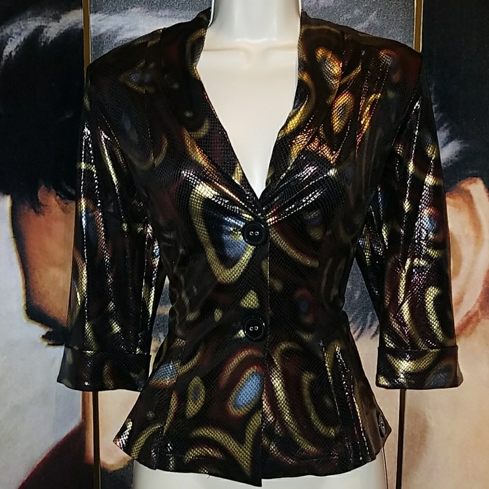 Tatyana CAT EYE SNAKE Jacket Bettie Page Stretch Gold Brown Vegan Leather Bolero - Picture 2 of 8
